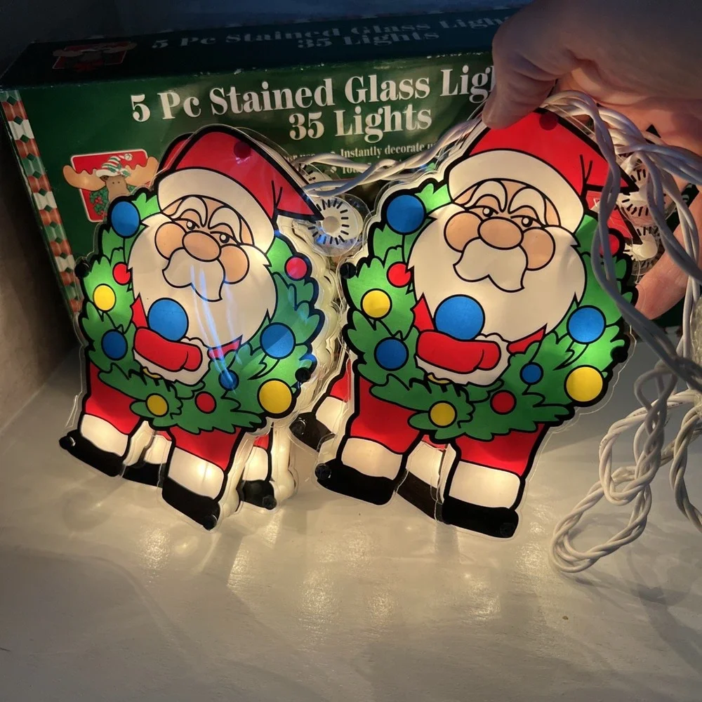 VTG 35 Light 5 PC Plastic Stained Glass Santa Light Set Indoor Outdoor NIB